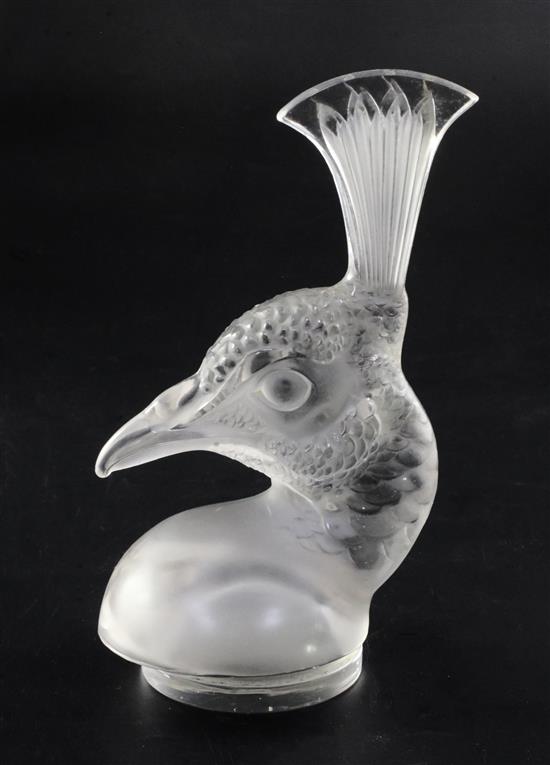 Tête de Paon/Peacocks head. A glass mascot by René Lalique, introduced on 3/2/1928, No.1140 Height 17.5cm.